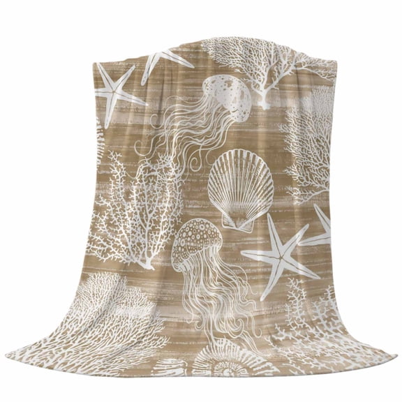 Brown Coastal Fleece Throw Blanket Nautical Starfish Jellyfish Coral Summer Ultra Soft Fuzzy Cozy Flannel Throw Blanket for Couch Sofa Bed Car Travel, Ideal Gifts 30x40 Inches