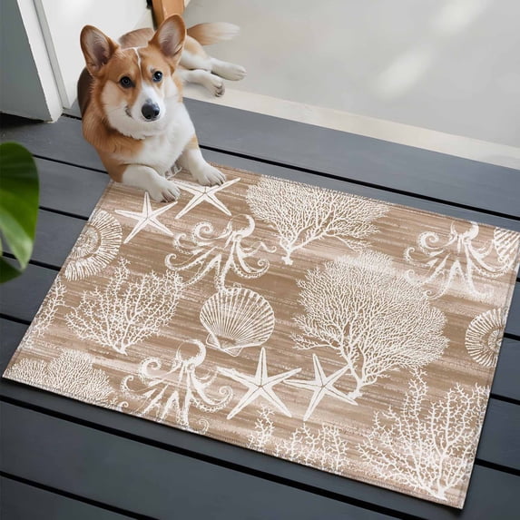 Brown Coastal Front Door Rugs 2x3 ft Nautical Starfish Octopus Coral Summer Small Rug for Entryway Non Slip Washable Bathroom Door Mat Absorbent Floor Mat for Indoor Entrance