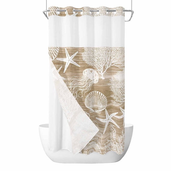 Brown Coastal No Hook Shower Curtain with Snap in Liner, Waterproof Fabric Shower Curtains, Nautical Starfish Coral Jellyfish Shell Sea Shower Curtain Set Top See Through for Bathroom 36"x78"