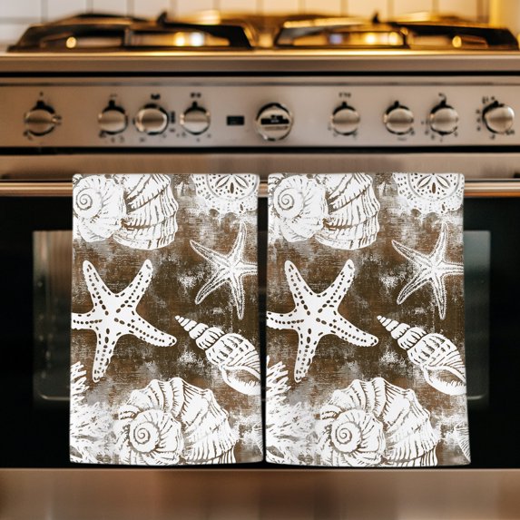 Brown Coastal Kitchen Towels Set of 3, Modern Oil Painting Starfish Coral Shell Absorbent Dish Towels for Kitchen, Microfiber Hand Towel, Quick Drying Tea Towel for Cleaning Decorative Dishcloths