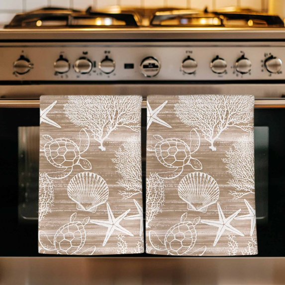 Brown Coastal Kitchen Towels Set of 3, Nautical Coral Starfish Shell Turtle Summer Absorbent Dish Towels for Kitchen, Microfiber Hand Towel, Quick Drying Tea Towel for Cleaning Decorative Dishcloths