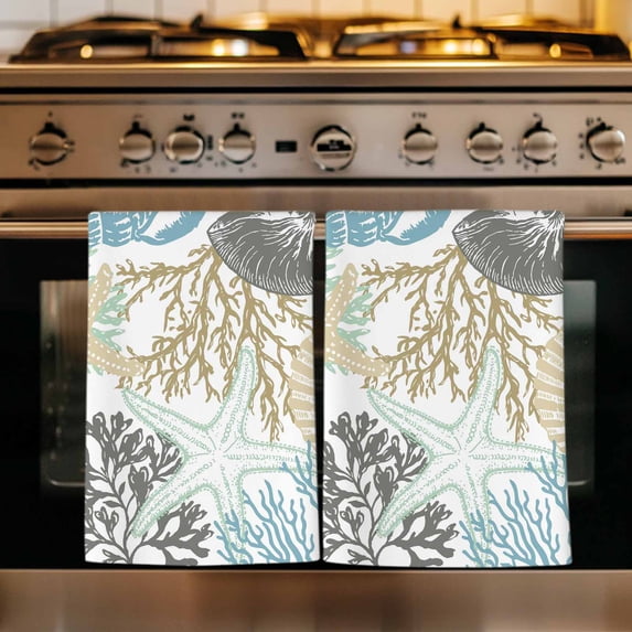Brown Coastal Kitchen Towels Set of 4, Teal Grey Sea Coral Starfish Nautical Absorbent Dish Towels for Kitchen, Microfiber Hand Towel, Quick Drying Tea Towel for Cleaning Decorative Dishcloths