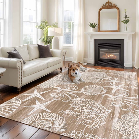 Brown Coastal Large Area Rugs 6x9 ft Nautical Starfish Octopus Coral Summer Washable Rug Non Slip Indoor Carpet Absorbent Floor Mat for Living Room Bedroom Dining Room