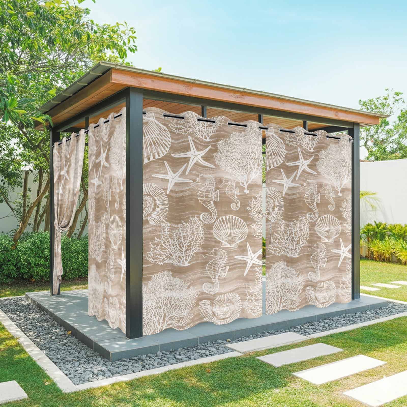 Brown Coastal Outdoor Curtains for Patio, Nautical Starfish Seahorse Coral Summer Sunshade Privacy Drapes Grommet Waterproof Outside Curtains for Porch/Cabana/Balcony 54"x 108", 1 Panel