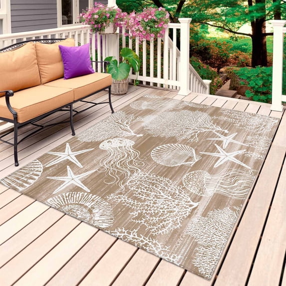 Brown Coastal Outdoor Rug 4x6 Ft, Non Slip Washable Area Rug, Nautical Starfish Coral Jellyfish Shell Sea Patio Rugs Carpet Runner, Large Floor Mat for Indoor/Outdoor Deck Porch Camping