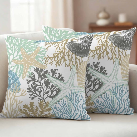 Brown Coastal Outdoor Waterproof Throw Pillow Covers 26x26 Set of 2, Teal Grey Sea Coral Starfish Nautical Decorative Pillowcases Cushion Pillowcase for Couch Sofa Patio Outside Pillow Protector