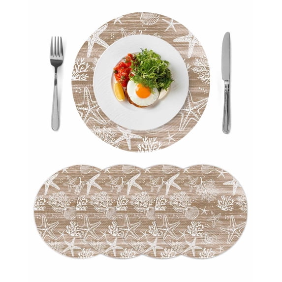 Brown Coastal Round 13 Inch Placemats Set of 4, Summer Beach Nautical Starfish Coral Vintage HeatResistant Non Slip Place Mats for Dining Table, Wipeable Braided Kitchen Table Mats for Housewarming