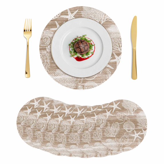 Brown Coastal Round 13 Inch Placemats Set of 8, Nautical Coral Starfish Shell Turtle Summer HeatResistant Non Slip Place Mats for Dining Table, Wipeable Braided Kitchen Table Mats for Housewarming