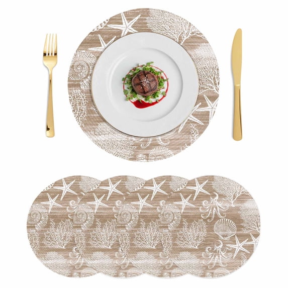 Brown Coastal Round 15 Inch Placemats Set of 4, Nautical Coral Starfish Shell Octopus Sea HeatResistant Non Slip Place Mats for Dining Table, Wipeable Braided Kitchen Table Mats for Housewarming