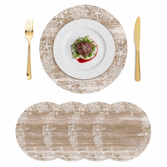Brown Coastal Round 15 Inch Placemats Set of 4, Summer Ocean Sea Ombre Starfish Corals HeatResistant Non Slip Place Mats for Dining Table, Wipeable Braided Kitchen Table Mats for Housewarming