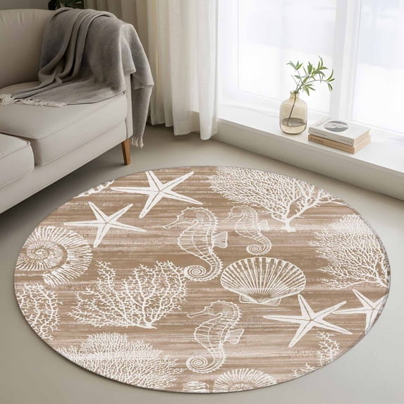 Brown Coastal Round Area Rug 3.3Ft Washable Circle Rugs for Dining Room Table, Nautical Coral Starfish Shell Seahorse Ocean Non-Slip Carpet Floor Mats Indoor Outdoor Carpet Runner Home Decor