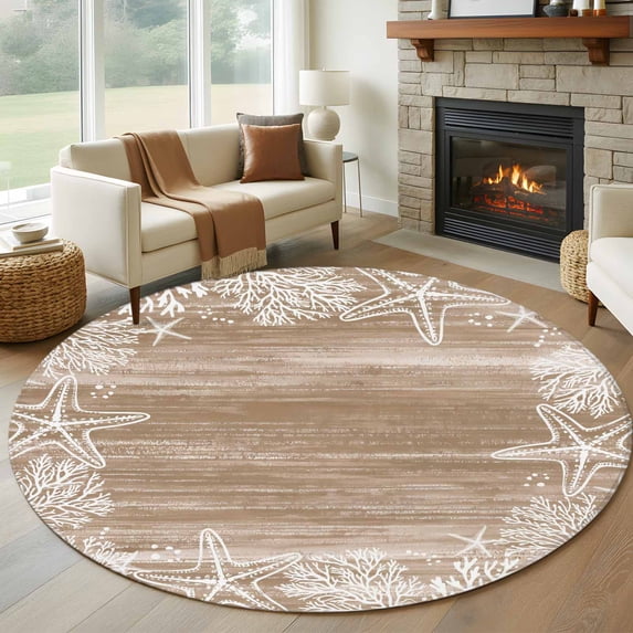 Brown Coastal Round Area Rug 5Ft Washable Circle Rugs for Living Room Bedroom, Summer Ocean Sea Ombre Starfish Corals Non-Slip Carpet Floor Mats Indoor Outdoor Carpet Runner Aesthetic Home Decor