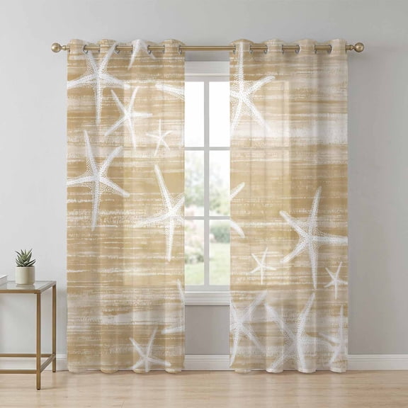 Brown Coastal Starfish Sheer Curtains 84 Inch Long 2 Panels, Summer Beach Nautical Ocean Vintage Light Filtering Semi Sheer Drapes Grommet Voile Window Curtain for Living Bedroom W52 x L84