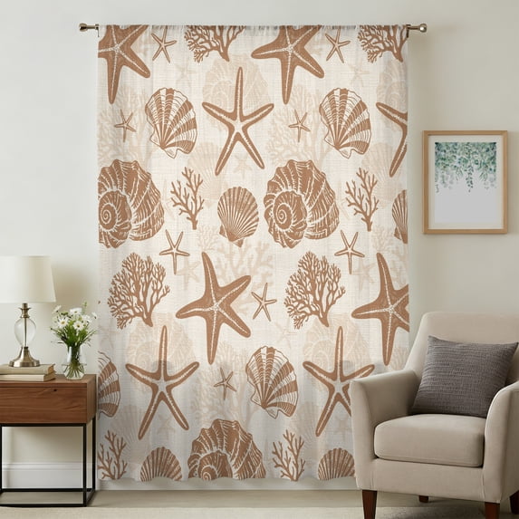 Brown Coastal Summer Sheer Curtains 96 Inches Long, Coral Shell Starfish Nautical Retro Light Filering Curtains, Privacy Drapes Simi Floor to Veiling Curtain for Living Room Bedroom Window Treatment