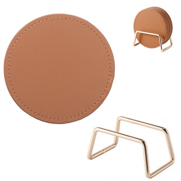 Brown Coasters Set of 6 with Holder, 3.9 Inch Round Leather Drink Coasters, Topboutique Heat Insulation Pads for Glass, Mug, Cup, Ideal for Office and Home Table Decor