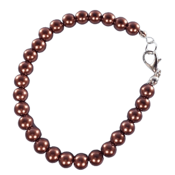 Brown Coated Pearl 6mm Round Shape Smooth Cut Beads 7 inch Silver Plated Clasp Bracelet for men, women, unisex. Link Chain Stacking Bracelet.|LINK_01725