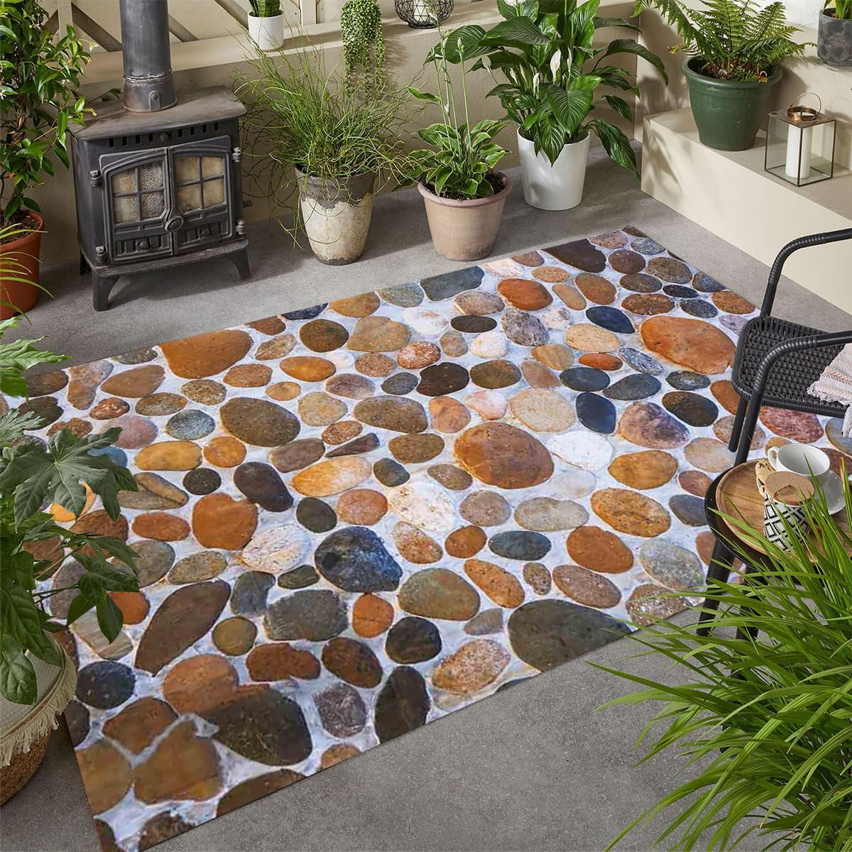 Brown Cobblestone 3D Print Coastal Beach Theme Indoor Outdoor Rug for Patio Deck Balcony Porch Farmhouse Modern Large Area Rug Bathroom Kitchen Washable Waterproof Non Skid Carpet 2'x3'