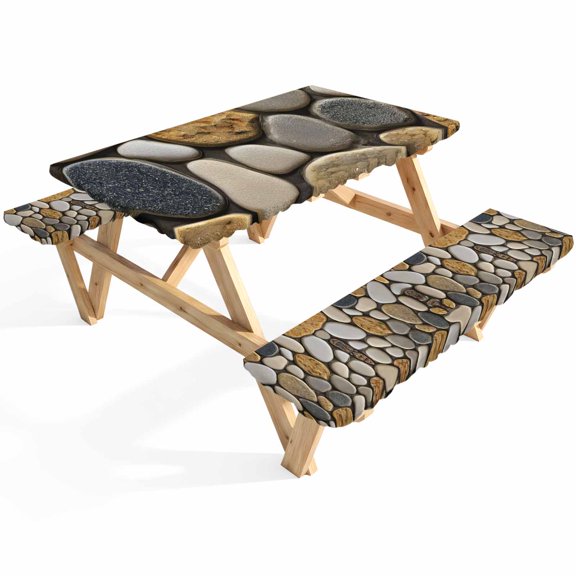 Brown Cobblestone Style Picnic Table Cover with Bench Covers Modern Abstract Art Beach Cobblestones Waterproof Fitted Picnic Tablecloth 3 Pieces Set Table Cloth for Outdoor Camping Garden BBQ