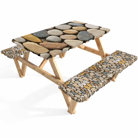 Brown Cobblestone Style Picnic Table Cover with Bench Covers Modern Abstract Beach Cobblestones Waterproof Fitted Picnic Tablecloth 3 Pieces Set Table Cloth for Outdoor Camping Garden BBQ