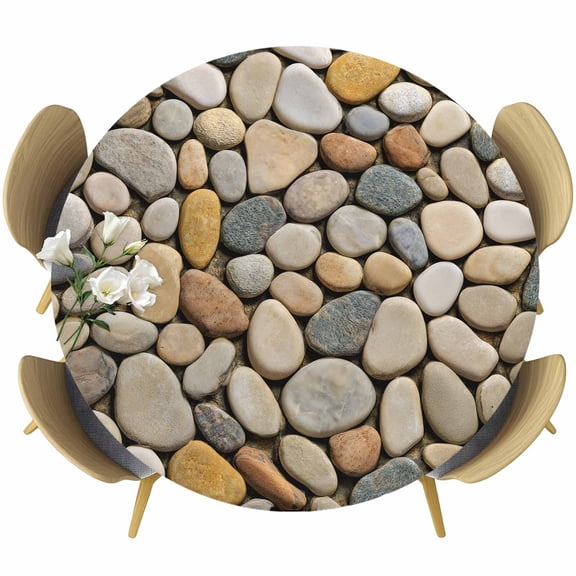Brown Cobblestone Style Round Fitted Tablecloth with Elastic Edge, Modern Abstract Beach Cobblestones Stretch Table Covers for 36"-44" Tables Wipeable Table Cloth for Outdoor