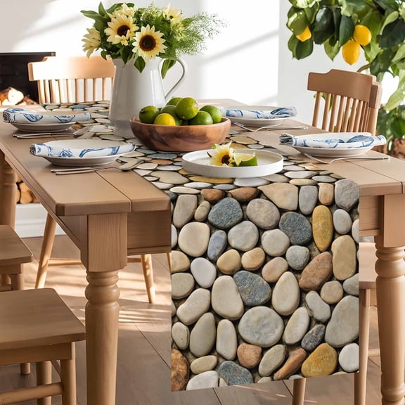 Brown Cobblestone Style Table Runner, Modern Abstract Beach Cobblestones Washable Kitchen Table Runners Dress Scarves for Dining Table Decorations Party/Restaurant/Indoor Outdoor Use, 13x60in