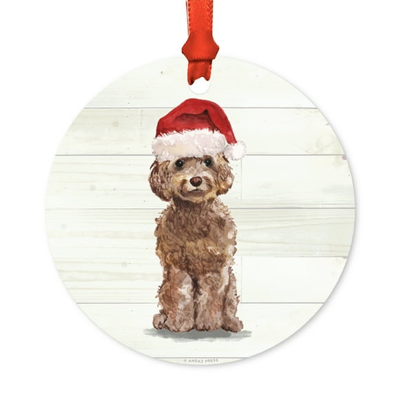 Brown Cockapoo with Santa Hat, Includes Ribbon and Gift Bag