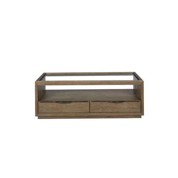 Brown Cocktail Table with Tempered Glass Top and Drawers, Rustic Solid Wood Sofa Table with Casters for Living Room