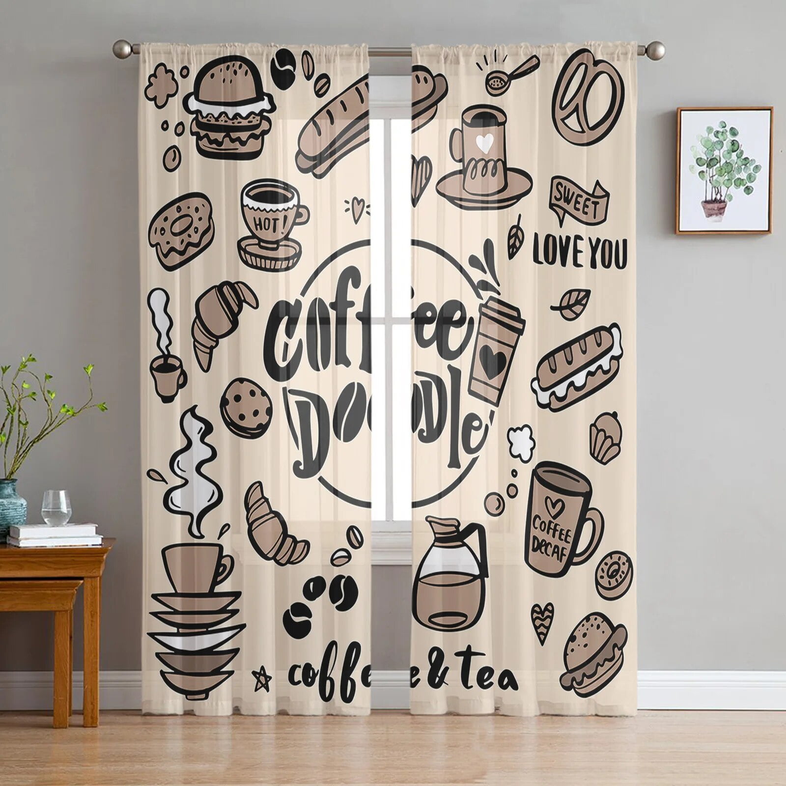 Brown Coffee Beans Bread Burgers Hearts Tulle Voile Curtains Bedroom