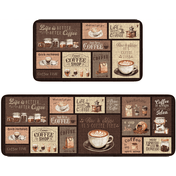 Coffee Chef Kitchen Rugs Set of 2,17"x30"+ 17"x47"Anti Fatigue Kitchen Mats for Floor,Non Slip Washable Kitchen Runner Rug 2 Piece Set,Brown Vintage Comfort Standing Mat for Kitchen Home Decoration