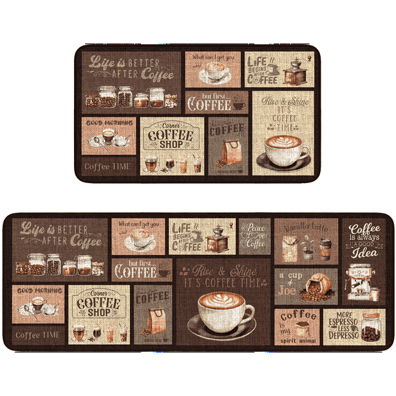 Coffee Chef Kitchen Rugs Set of 2,17"x30"+ 17"x47"Anti Fatigue Kitchen Mats for Floor,Non Slip Washable Kitchen Runner Rug 2 Piece Set,Brown Vintage Comfort Standing Mat for Kitchen Home Decoration