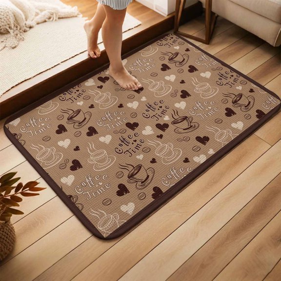 Brown Coffee Cup Doormat Bathroom Mat, Non Slip Entrance Bath Floor Rug Door Mat, Vintage Coffee Beans Love Heart Absorbent Washable Indoor Outdoor Small Throw Rug for Entryway 15.7x23.6 Inches