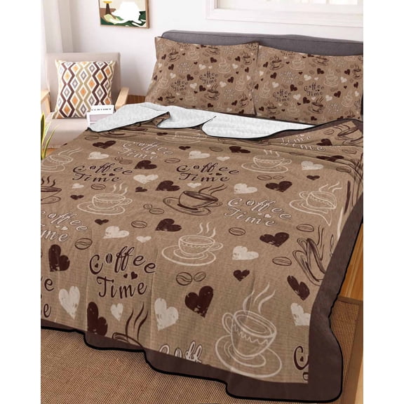 Brown Coffee Cup King Size Down Alternative Comforter, Lightweight Comforter Quilt Bedding Set with Pillow Shams Vintage Coffee Beans Love Heart All Seasons Bed Comforter Duvet Insert 96"x106"
