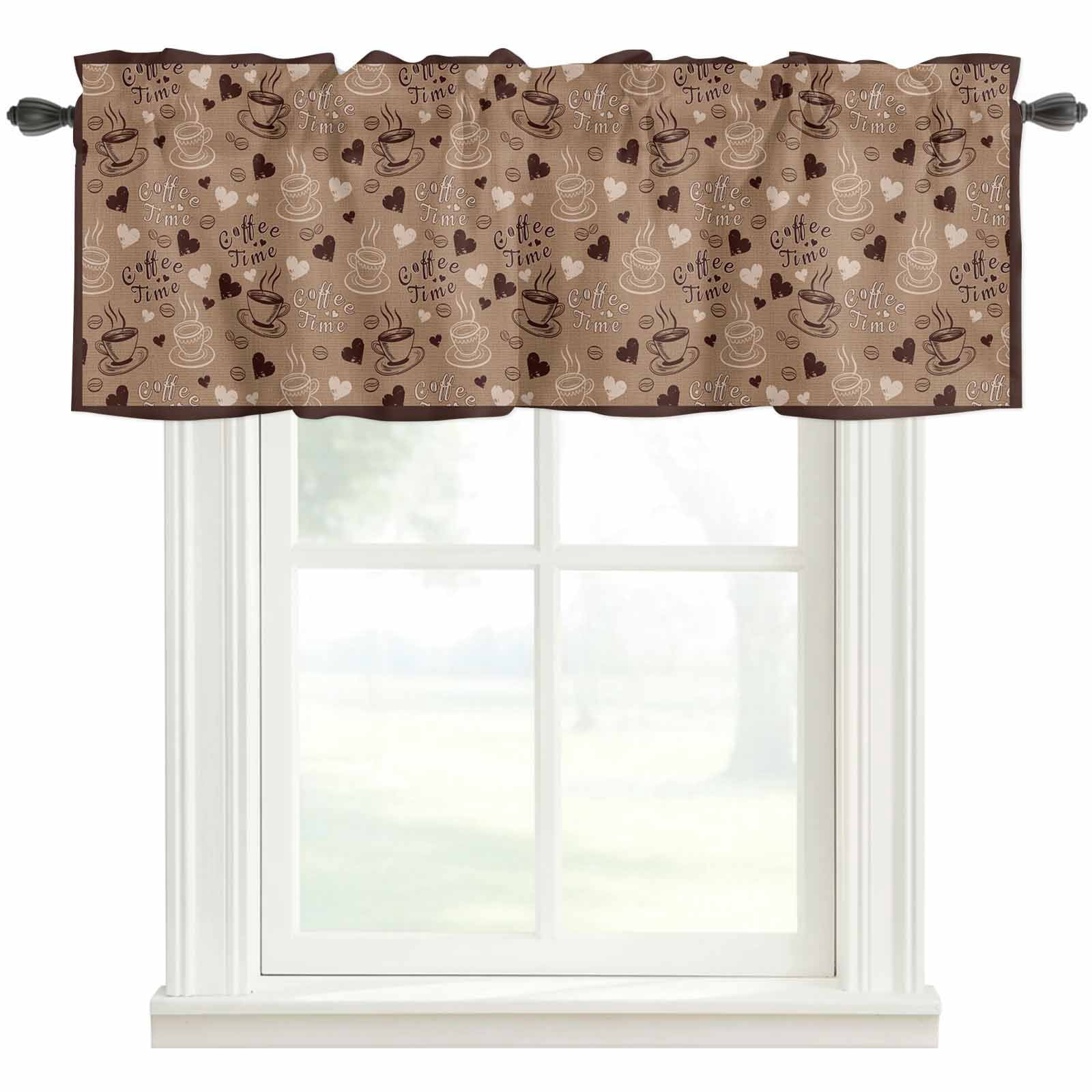 Brown Coffee Cup Kitchen Valances for Windows, Vintage Coffee Beans
