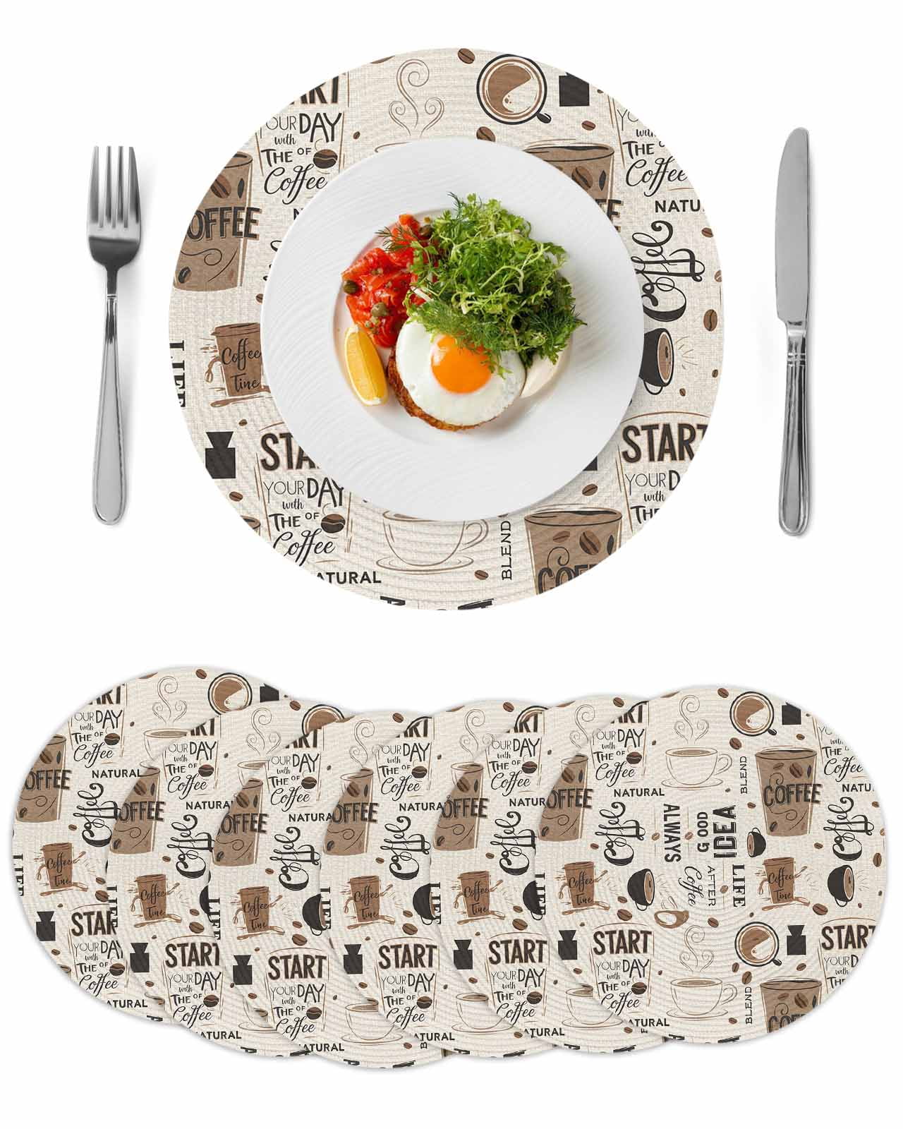 Brown Coffee Cup Round Table Placemats set of 6, Vintage Coffee Beans Beige Washable Woven Place Mats for Dining Tables Kitchen Party Decor,Heat Proof, 15in,