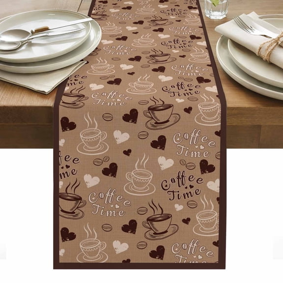Brown Coffee Cup Table Runner - 36 Inch Long, Kitchen Dining Table Runner Dresser Scarves, Vintage Coffee Beans Love Heart Farmhouse Decor for Coffee Tables Wedding Party Banquet