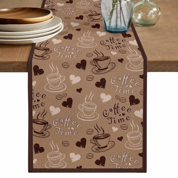 Brown Coffee Cup Table Runner, Vintage Coffee Beans Love Heart Washable Cotton Linen Table Runners 36 Inches Long, Dresser Scarf Runner for Nightstand/End Tables/Round Tables 13''x36''