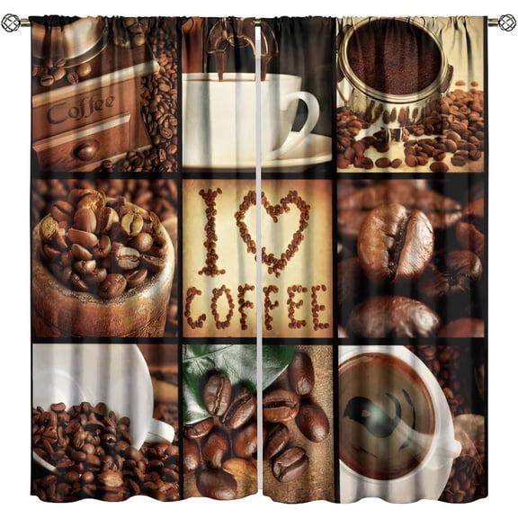Brown Coffee Curtains, Coffee Theme Collage Roasted Beans Brewing Machines Cups Print for Room Window Decor, Rod Pocket Blackout Drapes for Living Room Bedroom Kitchen 2 Panel Set 21"W X 54"L
