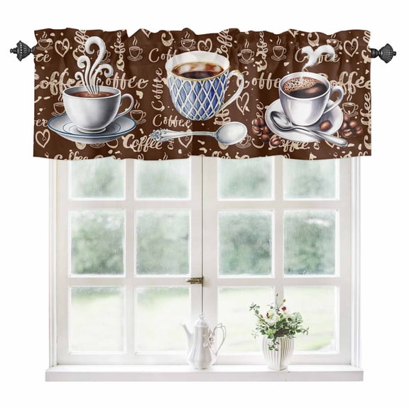 Brown Coffee Farmhouse Kitchen Valances for Windows 54x18 Inch Kitchen Curtains Valances Rod Pocket Coffee Cup Bean Sugar Retro Bathroom Window Valances for Window Treatment Decor