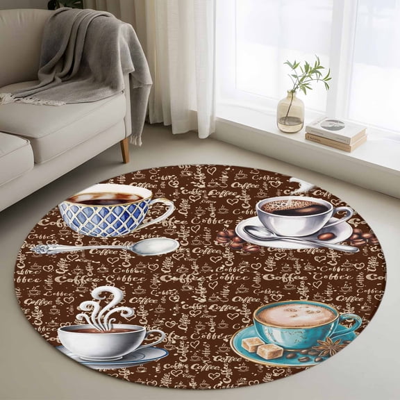 Brown Coffee Farmhouse Round Rug 3ft Washable Circle Entryway Rugs Non Slip Coffee Cup Bean Sugar Retro Area Rug Indoor Floor Carpet for Bedroom Kitchen Living Room Home Office Dining Room Nursery