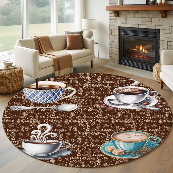 Coffee Table Rug Round Brown Coffee Farmhouse Round Rug 5ft Washable Circle Kitchen Rugs Non ...