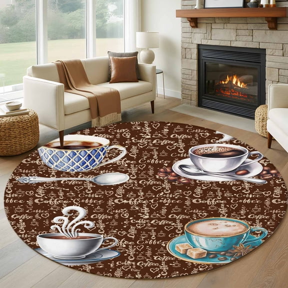 Brown Coffee Farmhouse Round Rug 5ft Washable Circle Kitchen Rugs Non Slip Coffee Cup Bean Sugar Retro Large Area Rug Indoor Floor Carpet for Bedroom Living Room Home Office Dining Room Nursery