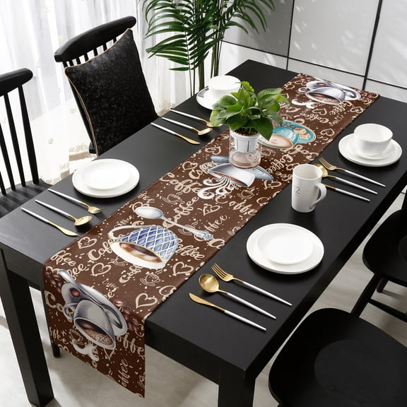 Brown Coffee Farmhouse Table Runner 36 Inches Small - Coffee Cup Bean Sugar Retro Kitchen Dining Burlap Linen Tablerunner for Small/Round/Square/Wedding/Coffee/Dining Table Party Home Décor 13 x 36