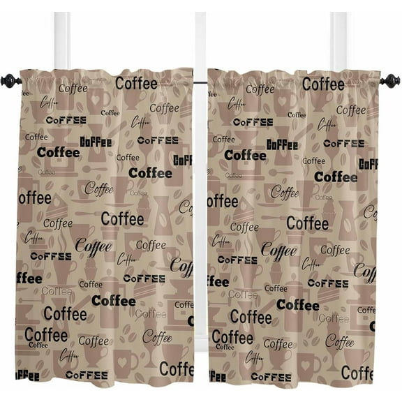 Brown Coffee Kitchen Curtain 2 Panels Curtains 54 Inch Length, Curtains Rod Pocket Curtains Window Drapes Treatment Window Cafe Curtains Vintage Abstract Coffee Bean Cups Words 42x54