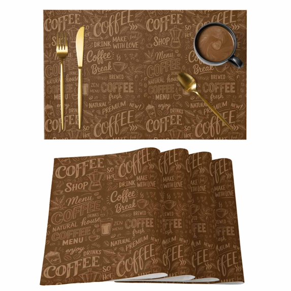 Brown Coffee Placemats Set of 12, Farmhouses Vintage Cup Plants Text Art Placemats for Dining Table, Place Mats for Kitchen Tabletop, Waterproof Wipeable Dining Table Mats Set