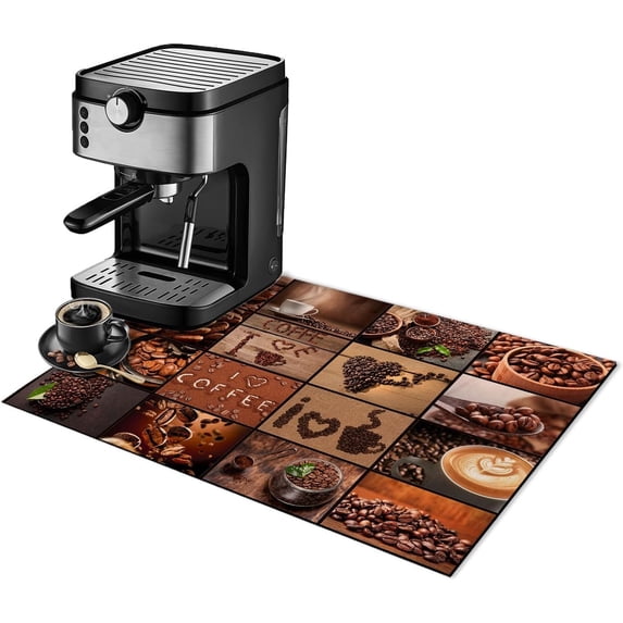 Brown Coffee Theme Dish Drying Mat for Kitchen Counter,Coffee Bar Mat with Spill Protection for Dishes,Coffee Maker & Pot,Hide Stain Rubber Backed Absorbent Draining Mat Under Dish Rack(12x19 IN)