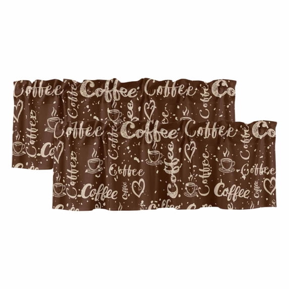 Brown Coffee Vintage Curtain Valances for Windows, Kitchen Valance Window Treatments Panel 2 Pack, Coffee Cup Love Hearts Farmhouse Rod Pocket Short Curtains for Bathroom Bedroom 60 x 18 Inch