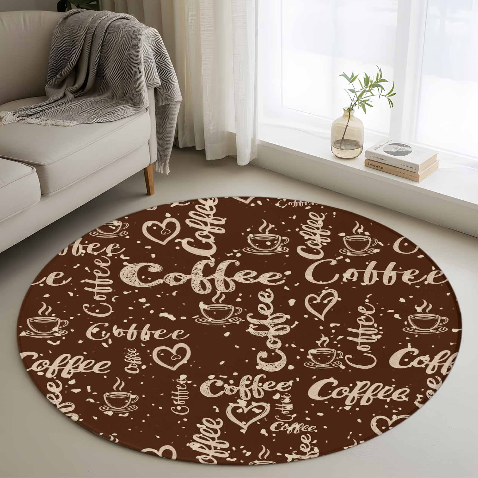 Brown Coffee Vintage Round Area Rug 4 FT, Non Slip Indoor Outdoor Rug ...