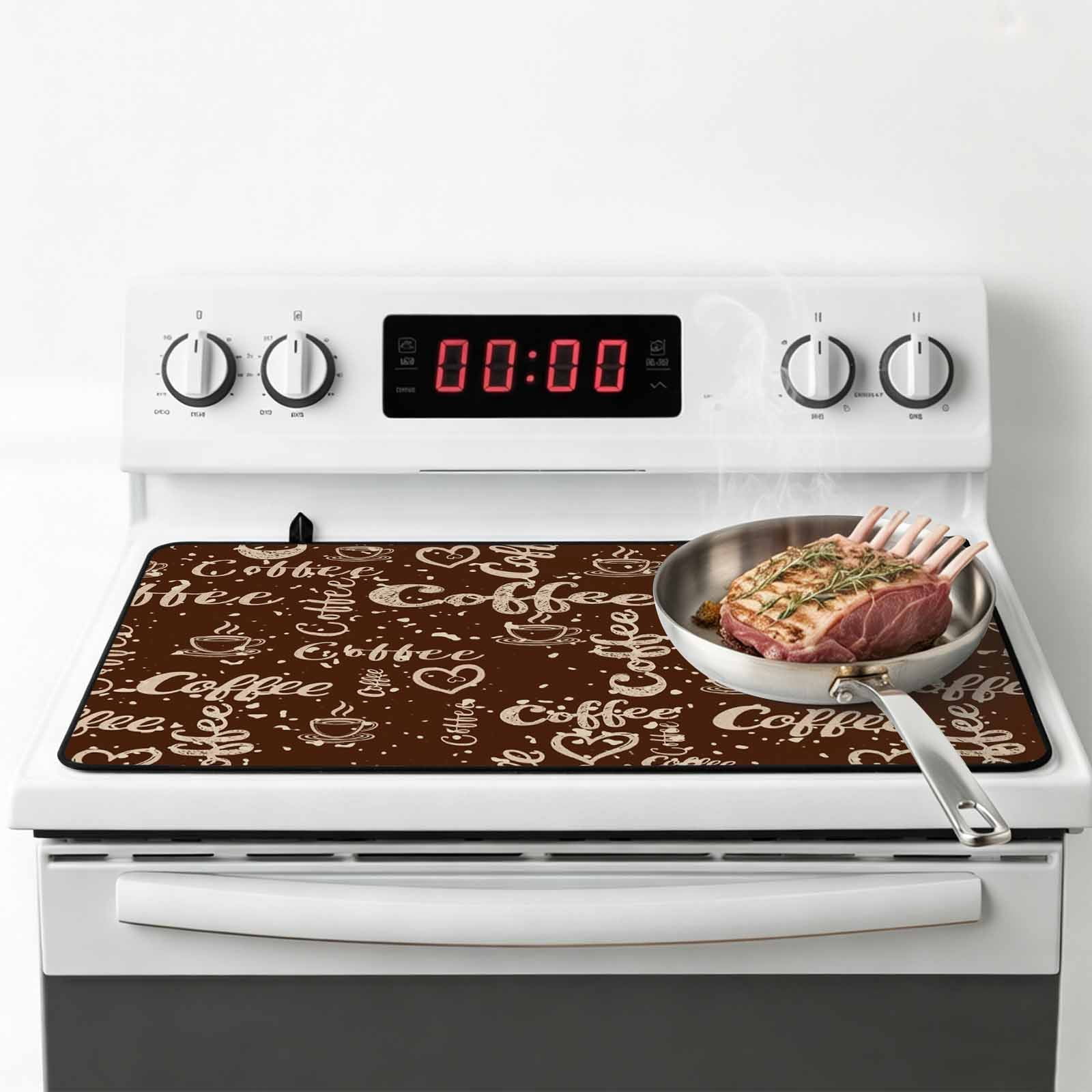 Brown Coffee Vintage Stove Top Cover for Electric Stove, Heat-proof & Non Slip Glass Top Stove Cover Protector, Coffee Cup Love Hearts Farmhouse Kitchen Flat Cooktop Rubber Mat 24x21 Inches