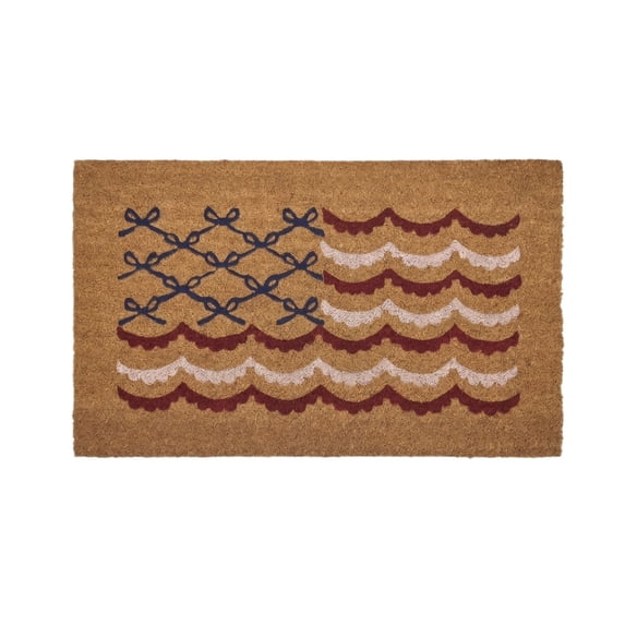 Brown Coir Welcome Door Mat with Red White Blue Wave Design, Non Slip Indoor Outdoor Entry Rug for Front Porch Patio Farmhouse Decor 47.27×31.49 Inch
