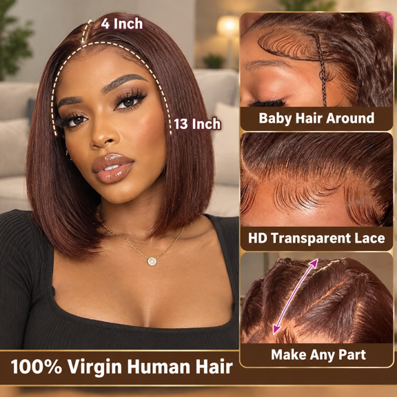 Brown Color 12 Inch Short Straight Human Hair Bob Lace Front Wig